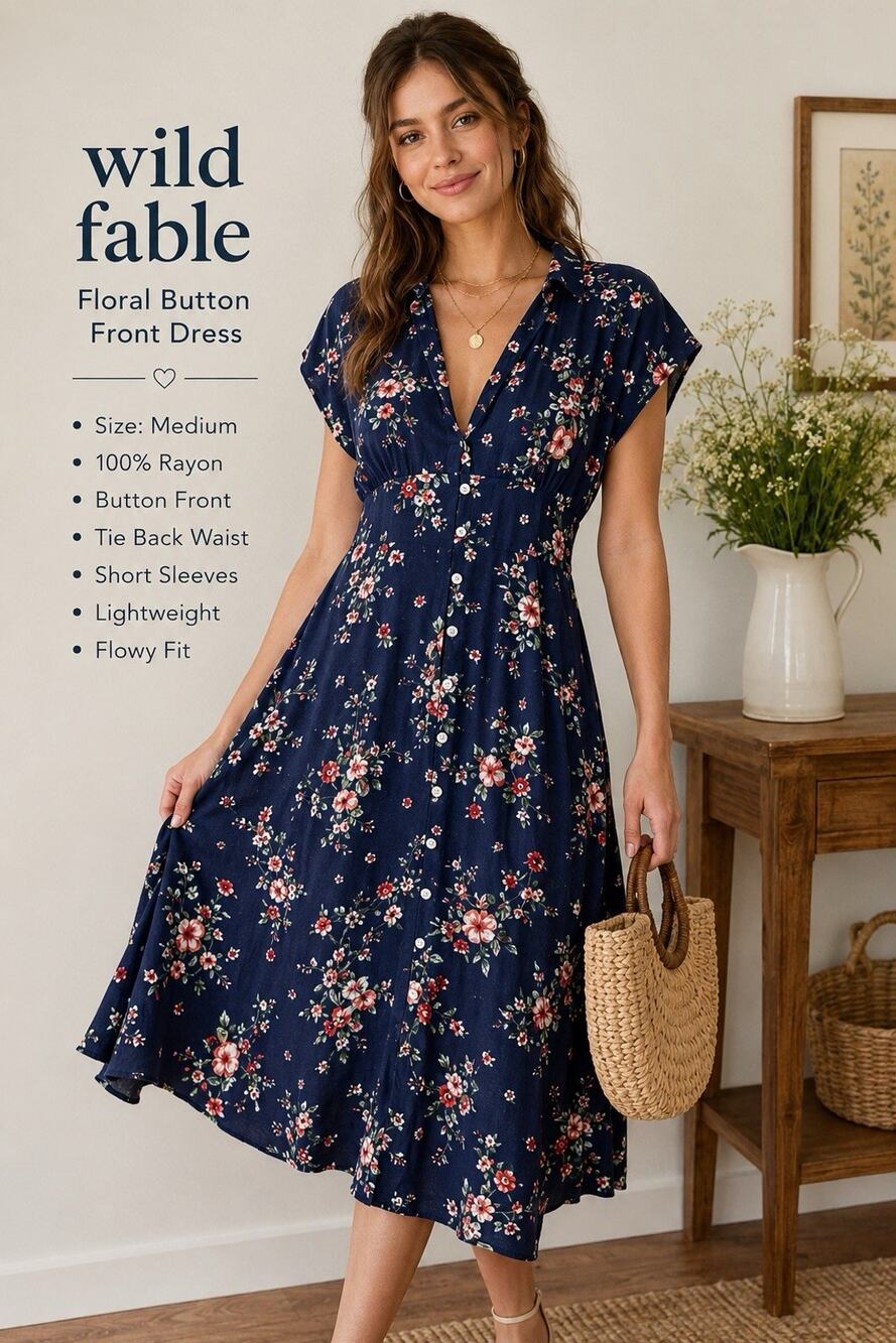 Wild Fable Floral Button Front Dress Medium Navy Blue Floral Rayon Tie Back